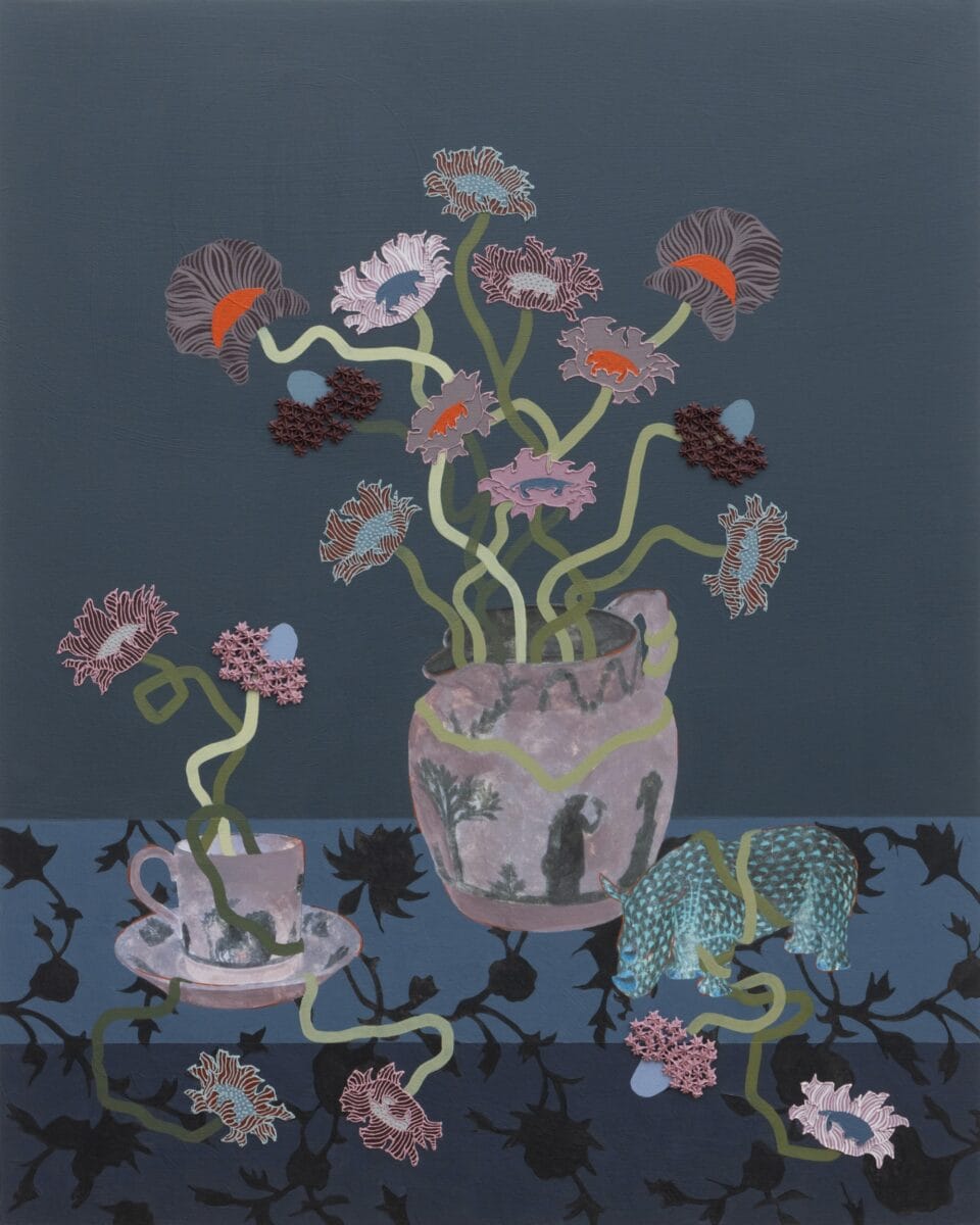 a still life with textured flowers held in blue ornate vessels on a floral tabletop