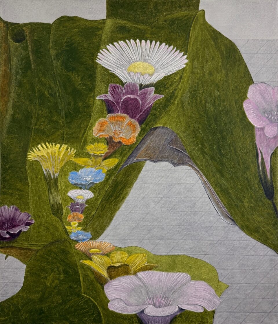 a vertical oil painting of various colors of flowers set against a draped green cloth