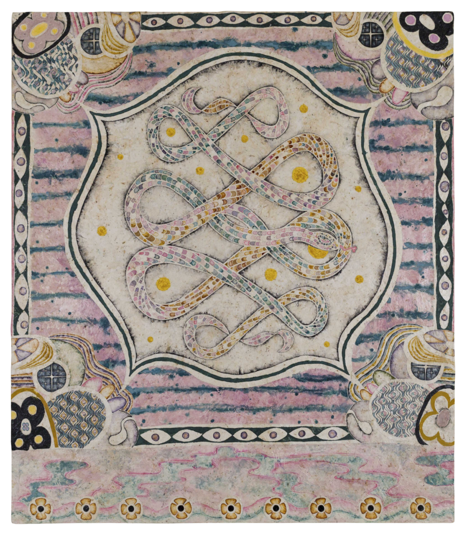 a symmetrical natural pigment painting by Omar Mendoza, featuring cosmic symbols and visual motifs evoking Mesoamerican ancestry