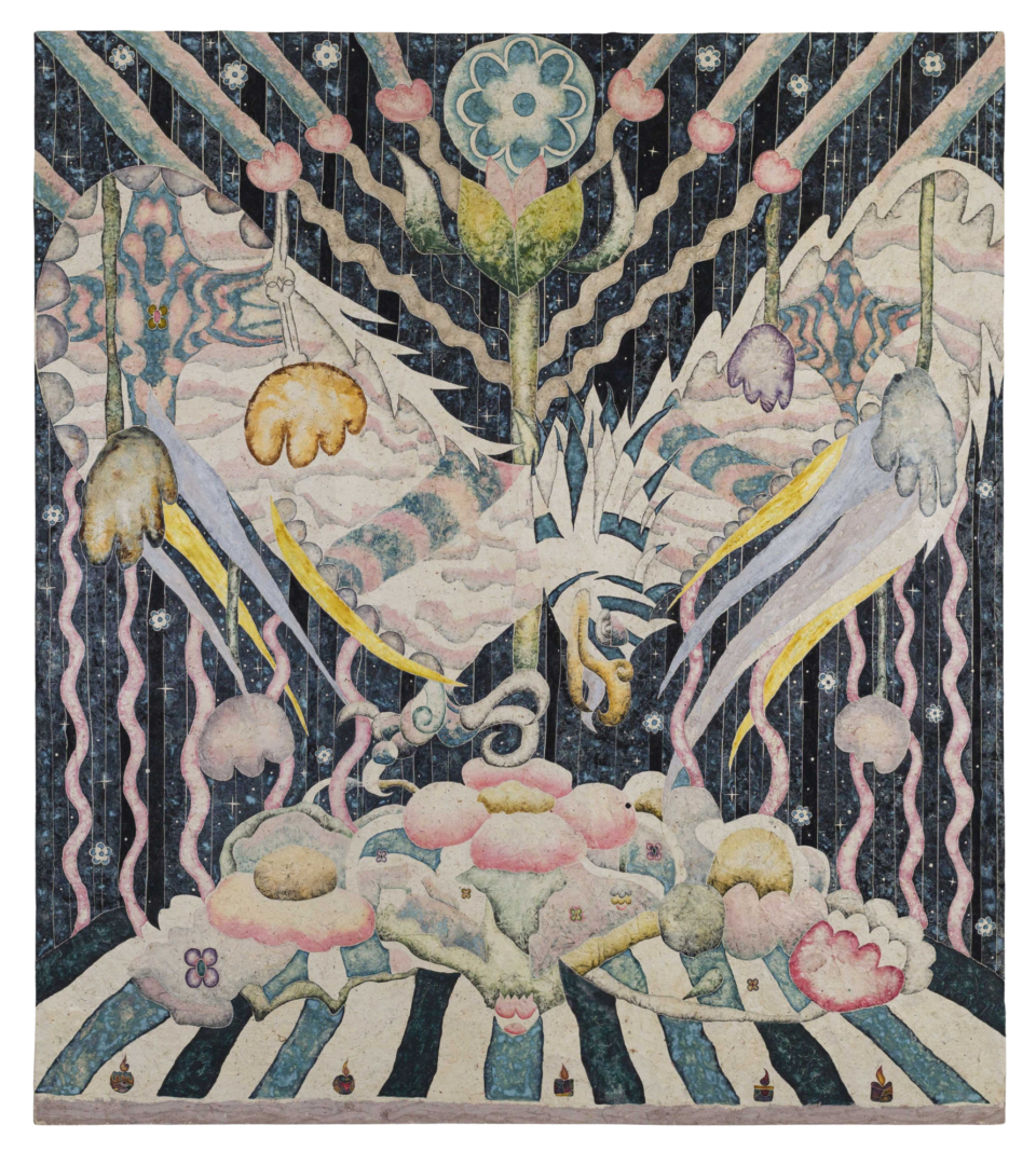 a natural pigment painting by Omar Mendoza, featuring cosmic symbols and visual motifs evoking Mesoamerican ancestry