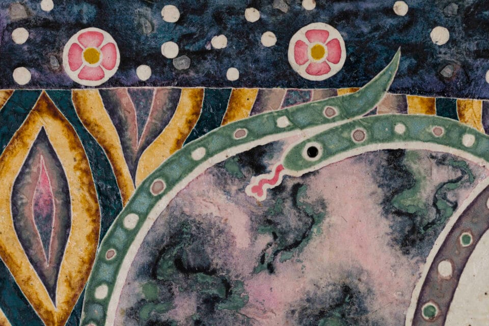 detail of a natural pigment painting by Omar Mendoza, featuring cosmic symbols and visual motifs evoking Mesoamerican ancestry