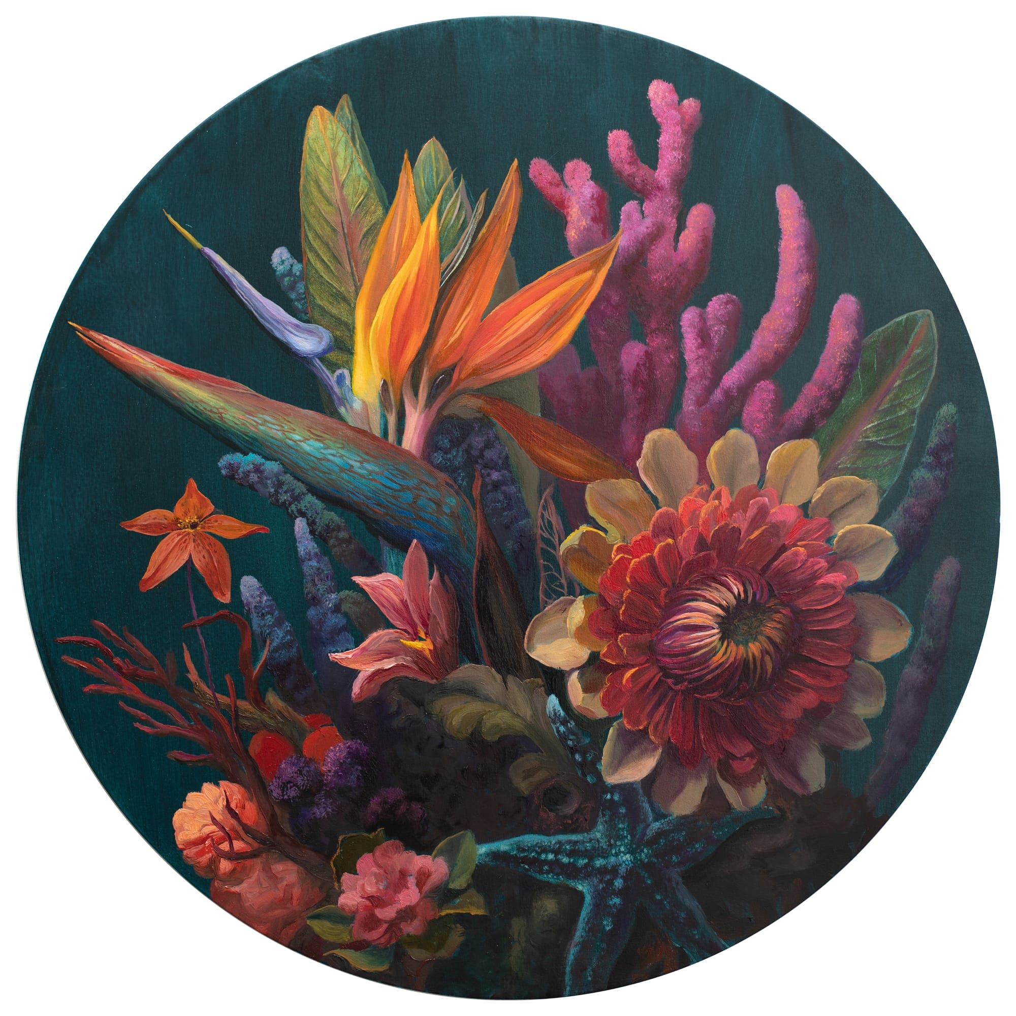 a round painting of flowers by Martin Wittfooth