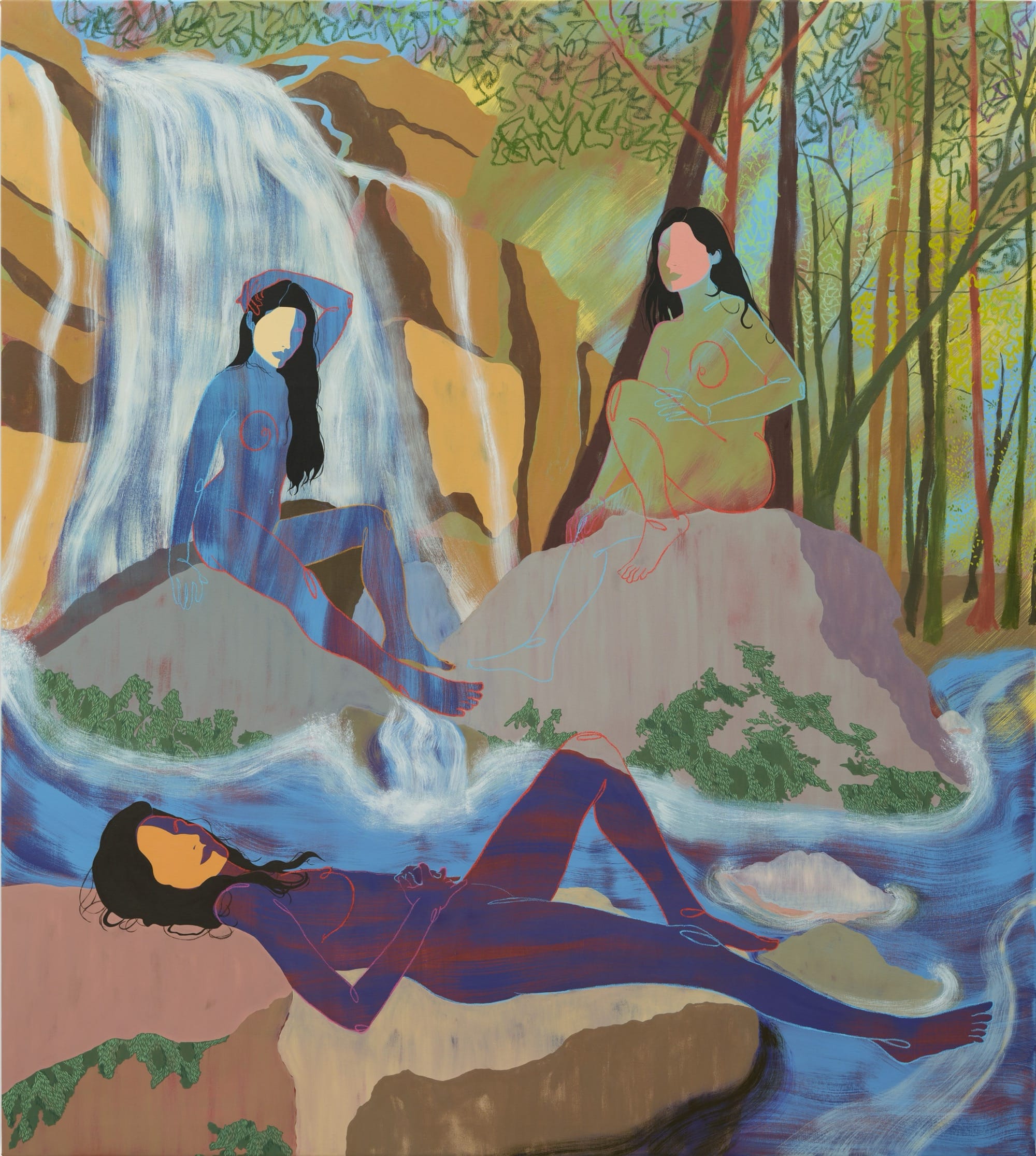 A detail of a large, horizontal figurative painting of a group of faceless female figures seated near a stream