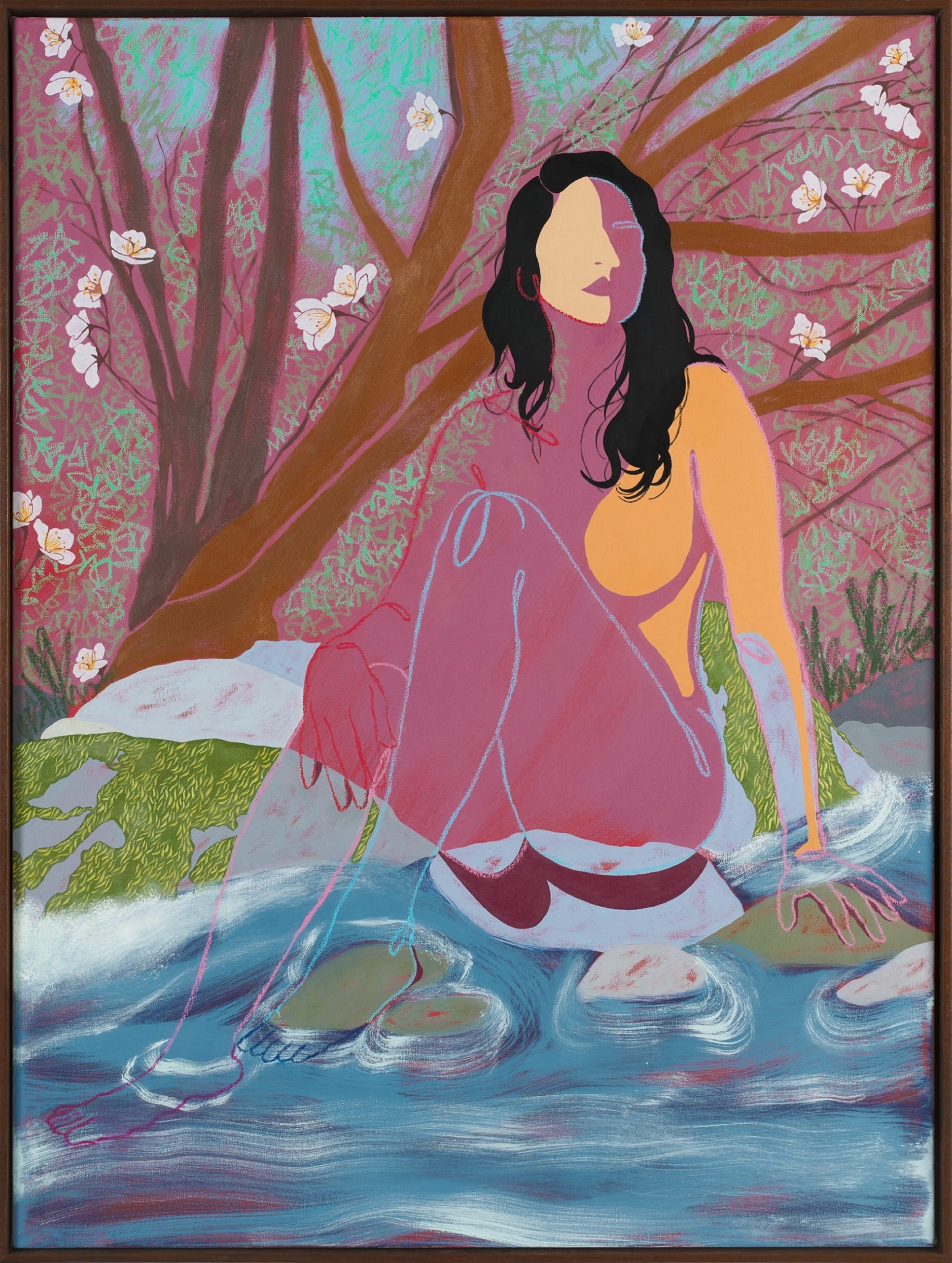 A figurative painting of a faceless female figure seated near a stream