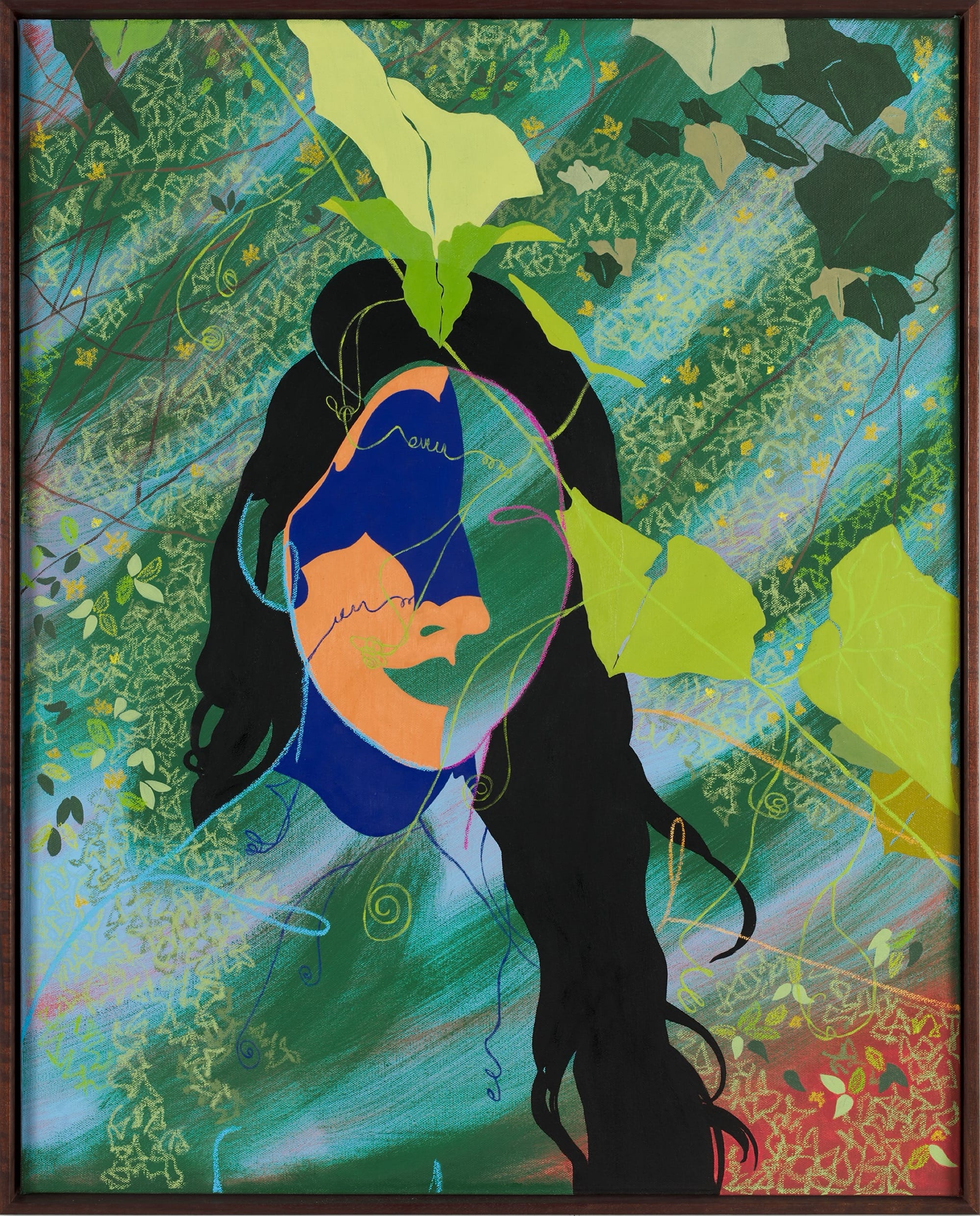 A figurative painting of a faceless female figure with long black hair amid tropical plants