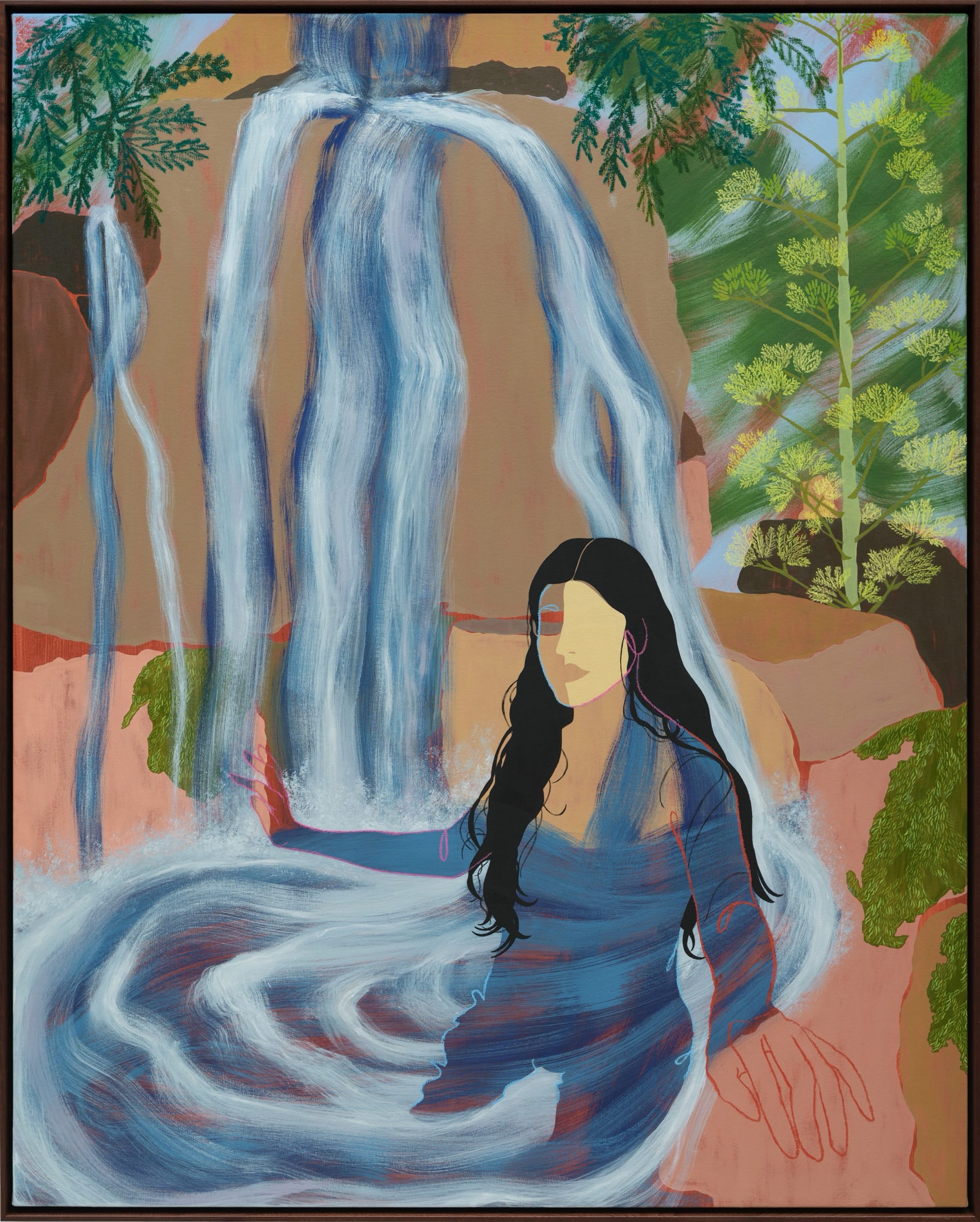 A figurative painting of a faceless female figure in a natural pool near a small waterfall