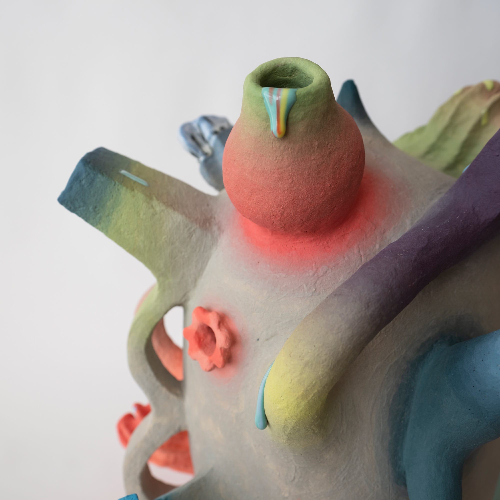 detail of a ceramic head sculpture by Janny Baek with various floral forms emerging 