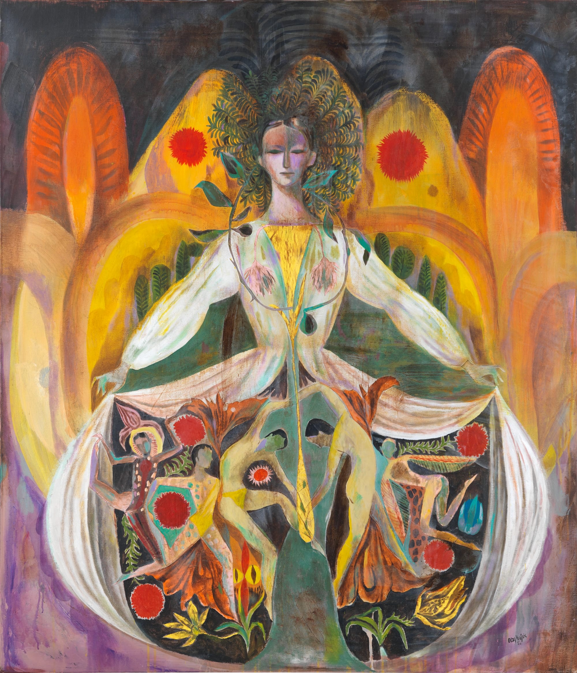 a surreal symmetric illustration by Olaf Hajek with a central figure in a white gown that opens to reveal a surreal scene of people dancing