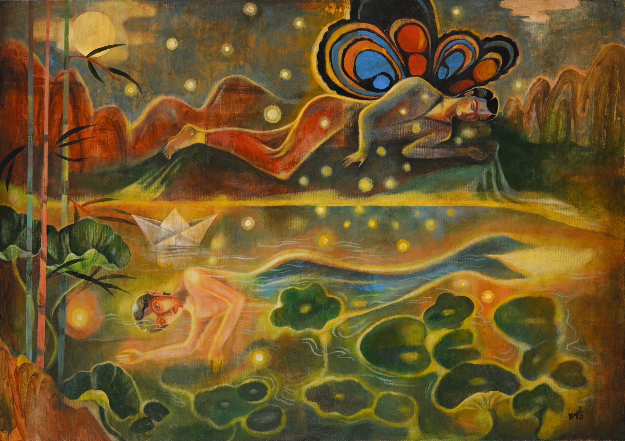 a surreal illustration by Olaf Hajek featuring two figures, one with wings in the air and the other with a mermaid tail mirrored below