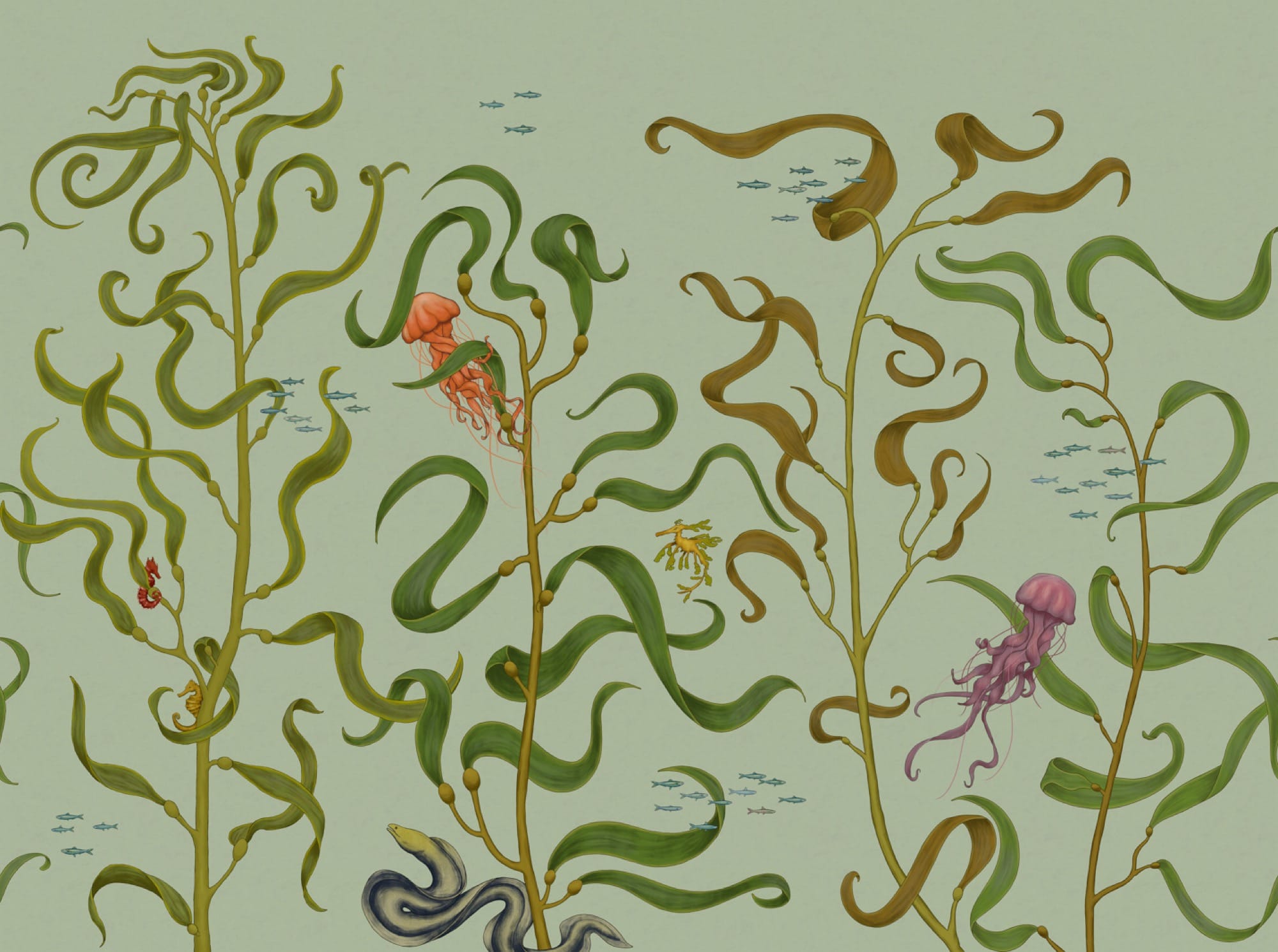 A botanical wallpaper design on a light green background