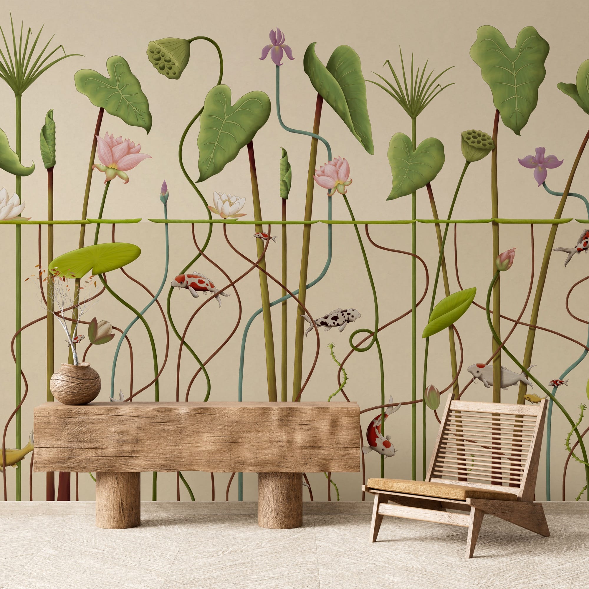 contemporary furnishings in front of an illustrative, large-format floral-designed wallpaper