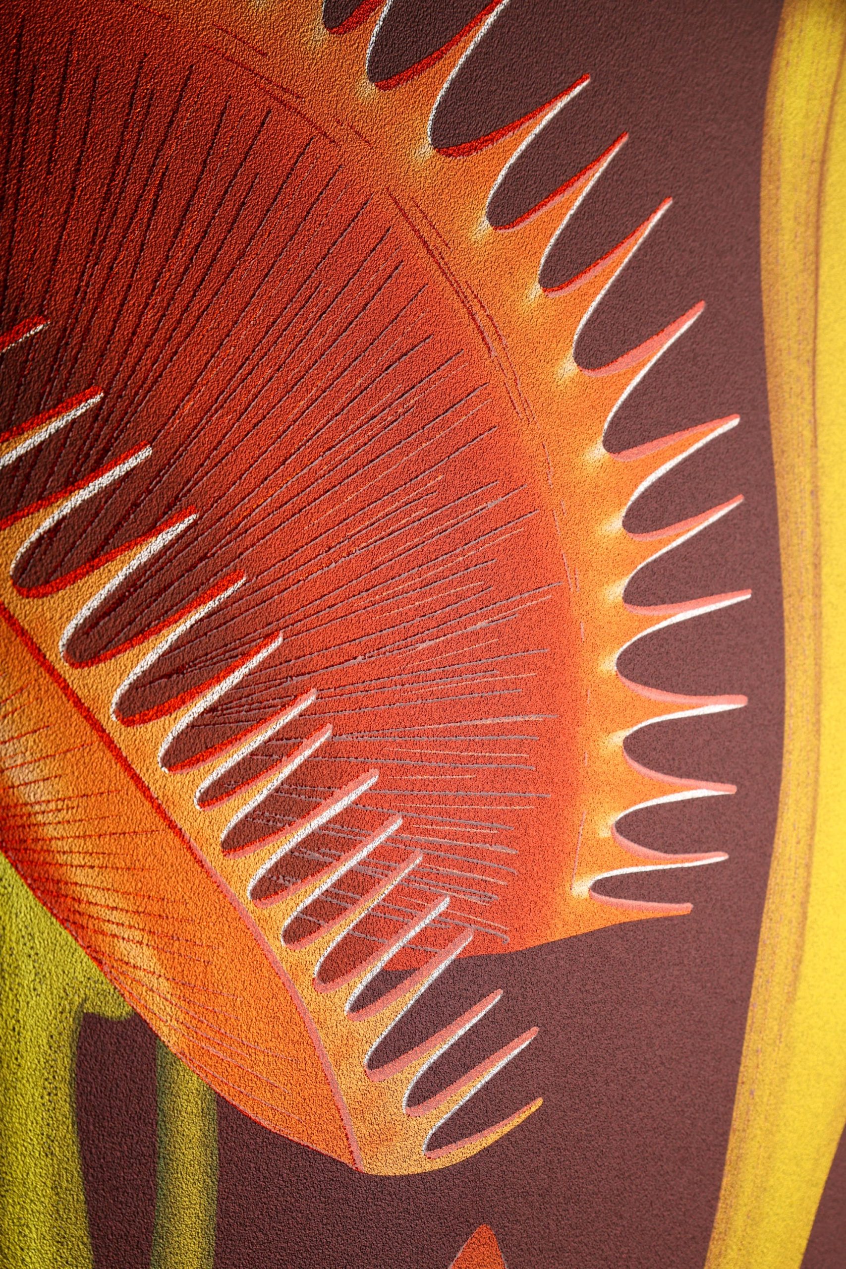 A detail of an orange Venus fly trap illustration on wallpaper