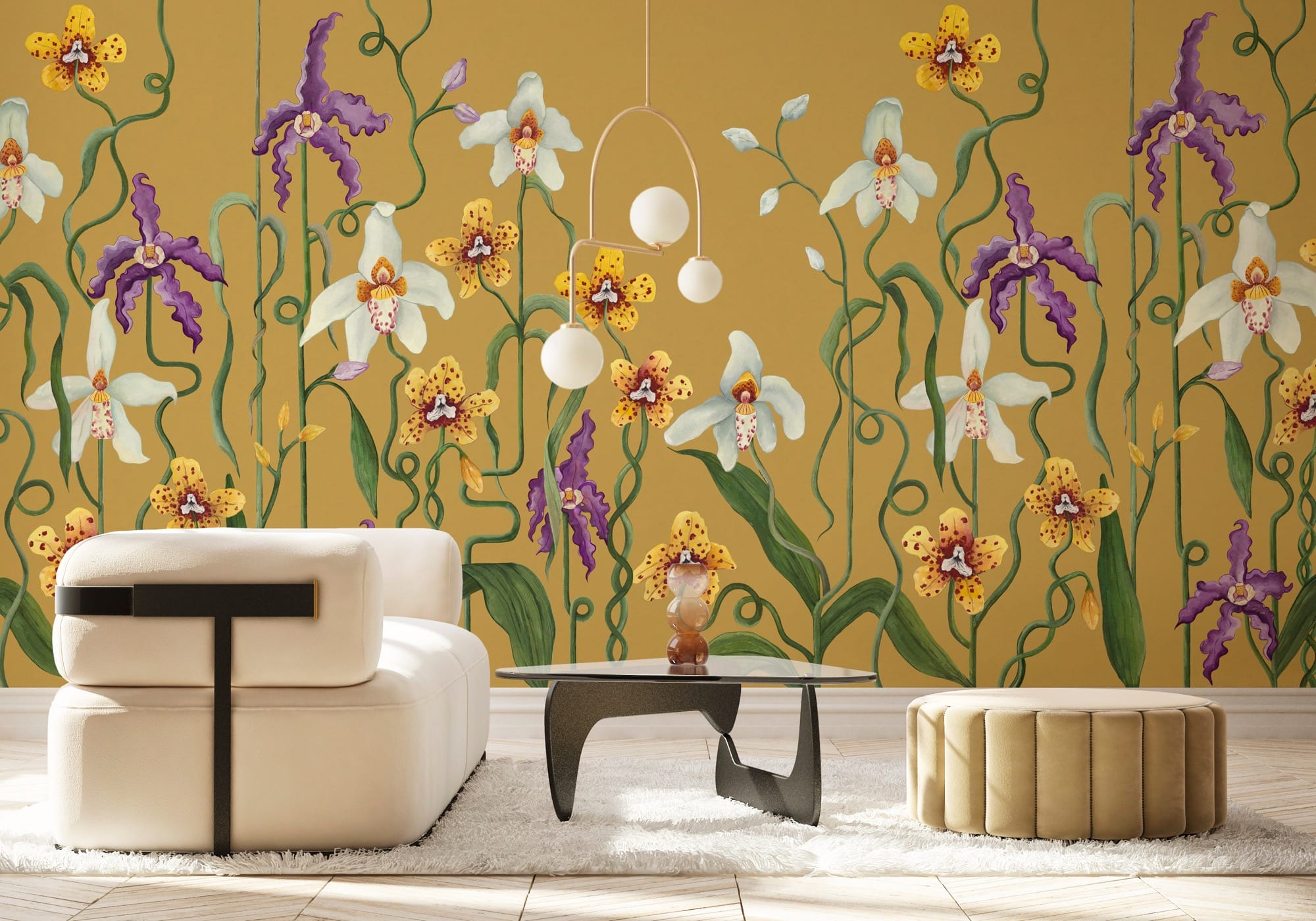 contemporary furnishings in front of an illustrative, large-format floral-designed wallpaper