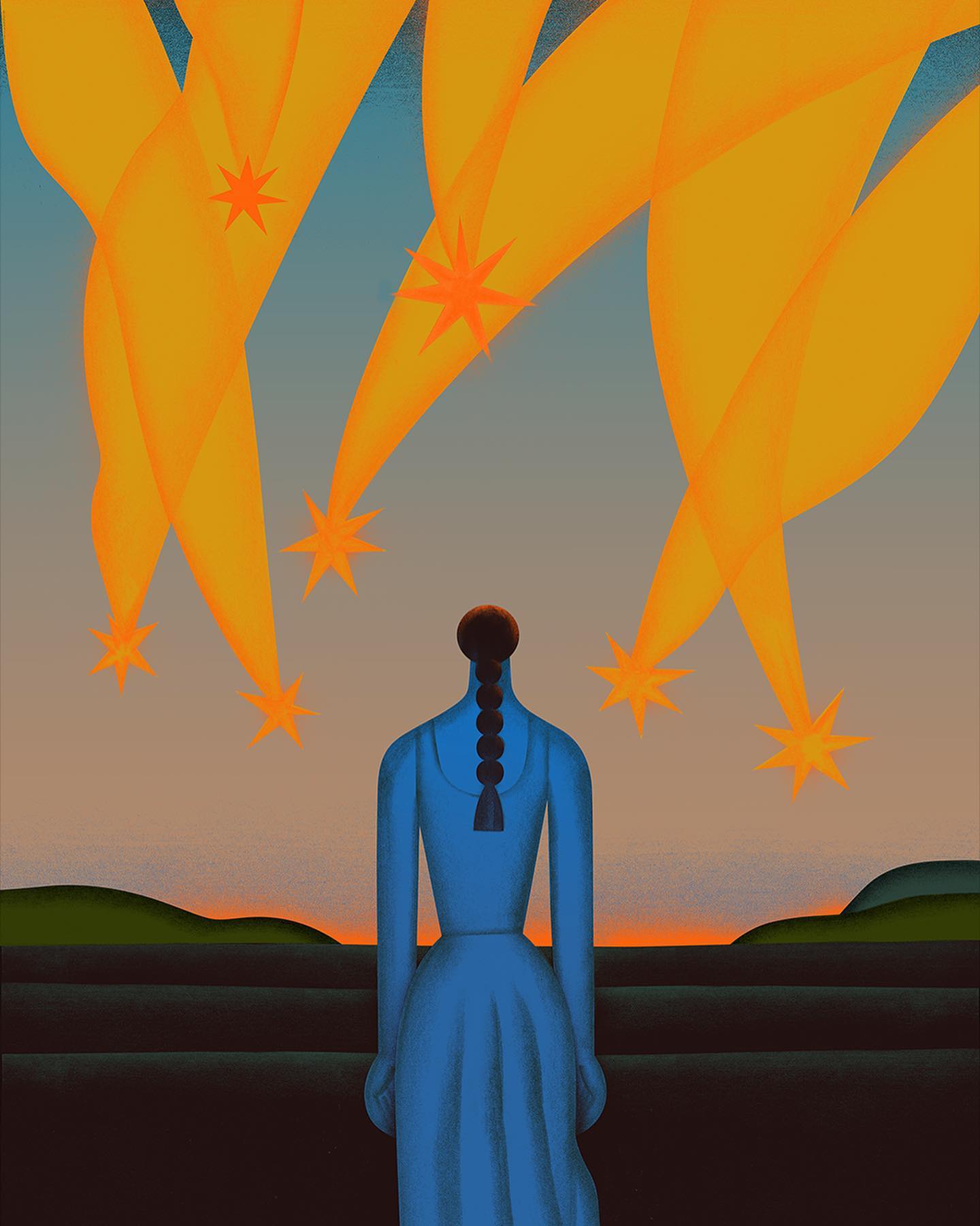 an illustration by tania yakunova of a figure in blue looking out to yellow shooting stars over a green field