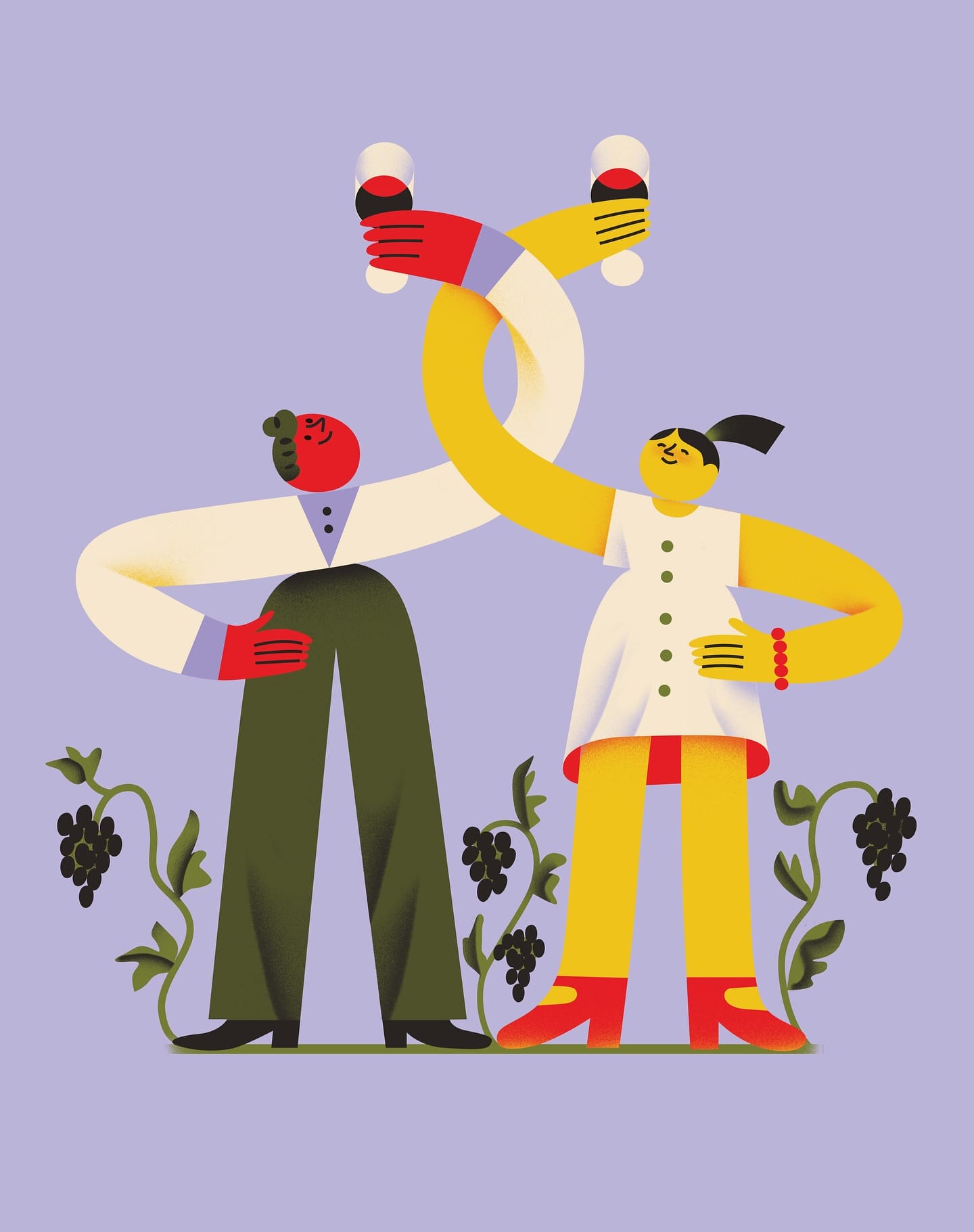an illustration by tania yakunova of two figures holding up wineglasses with their arms entwined